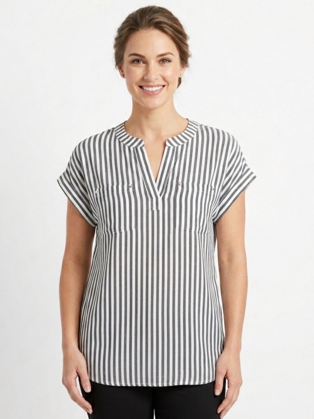 NWT Jones New York Black & White Vertical Stripe Split-Neck Shirt Women’s Size S